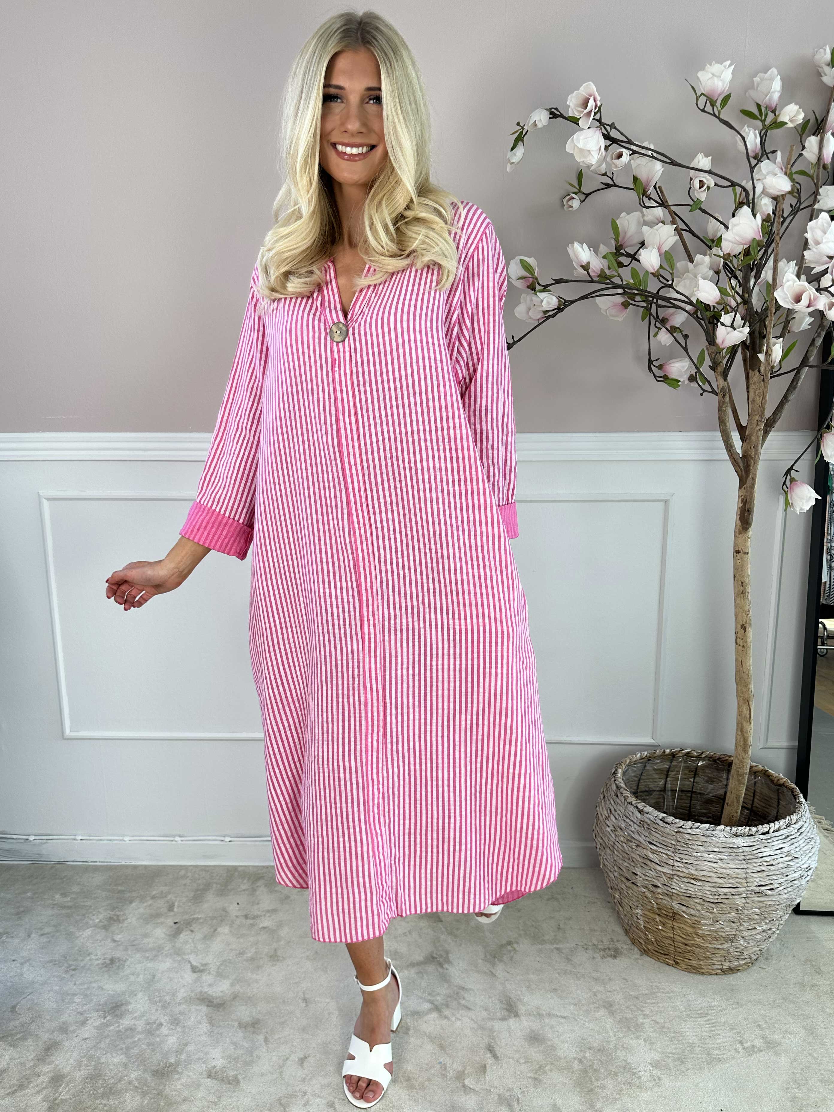 Arizona Stripe - Lang bomuldskjole i hørlignende stof